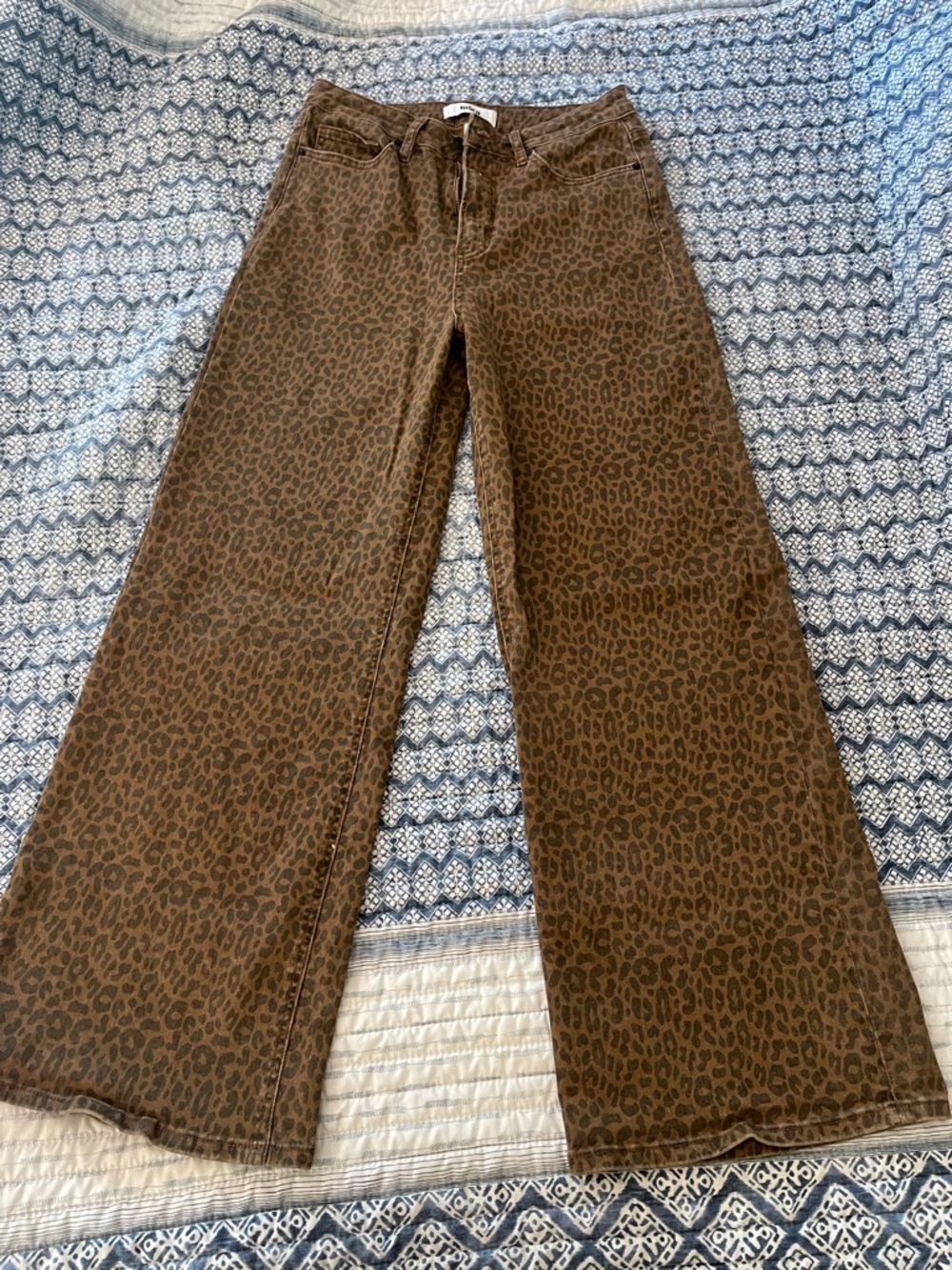 Wide Leg Leopard Print Jeans - Brown